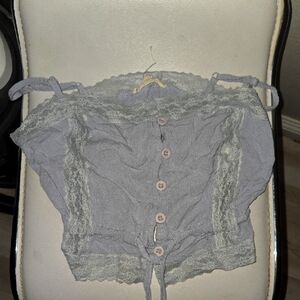 Lace Trimmed Baby Blue Button-Up Top